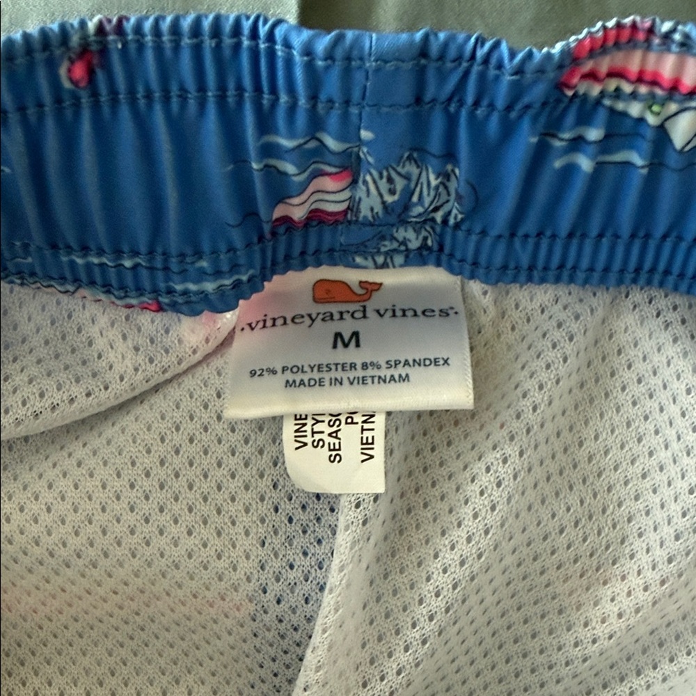 Vineyard Vines Blue Swim Trunks with Pink and White Sailboat Print - Picture 5 of 6